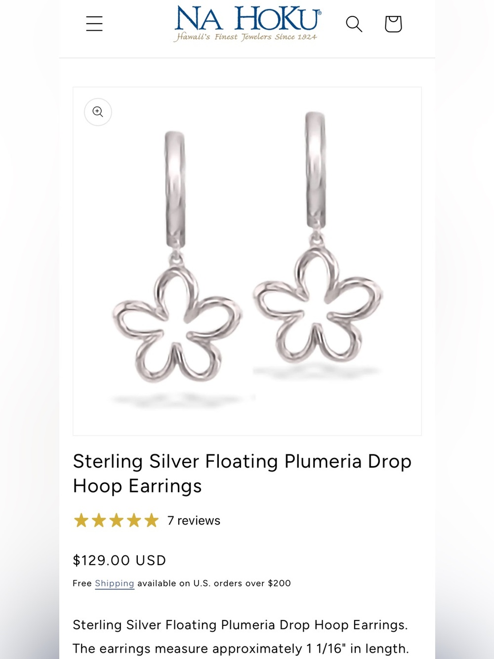 Na Hoku Sterling Silver Floating Plumeria Flower Drop Hoop Earrings Hawaii - Picture 2 of 7